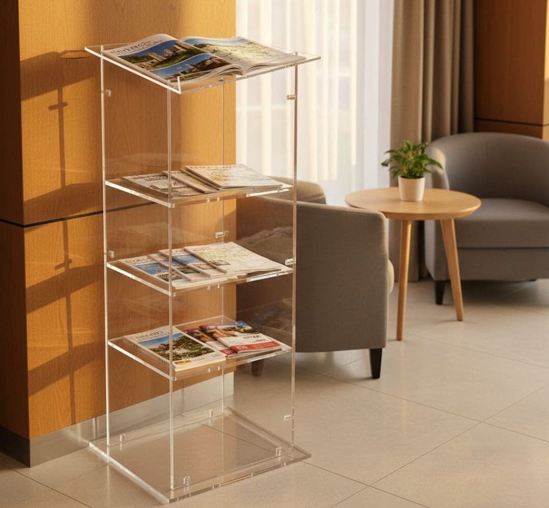 podio in plexiglass con ripiani