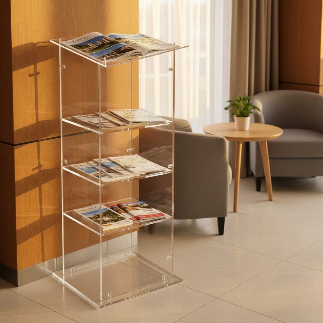 podio in plexiglass con ripiani